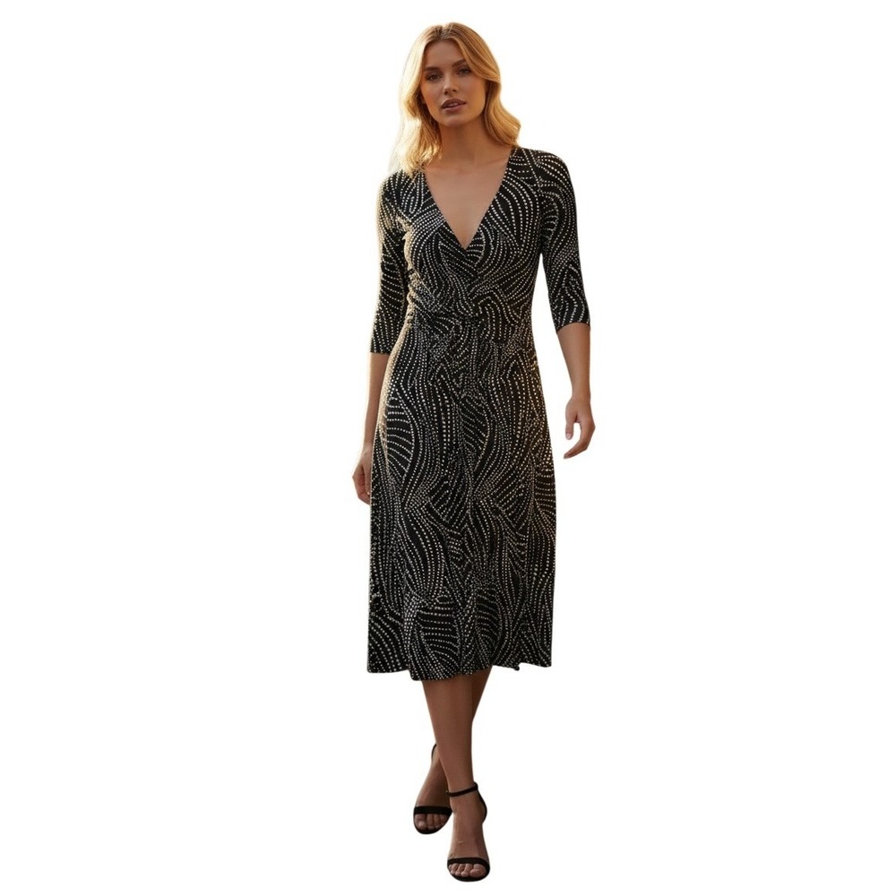 Maeve Anthropologie Black Ivory Geometric Tie Waist Dress V-Neck 3/4 Sleeve S